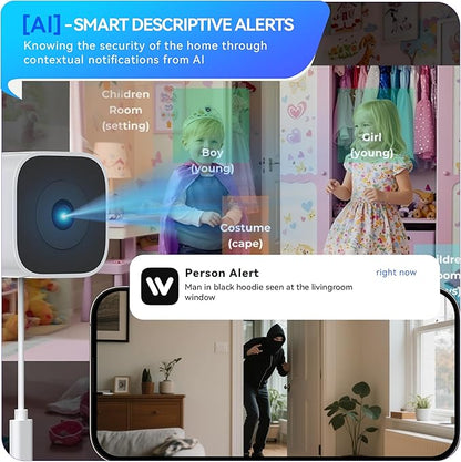 Magnetic Window Camera, Window Security Camera with Night Vision, 3MP 2K Indoor Camera for Home Security, OpenAI GPT Enabled, 24/7 Recording, Person/Vehicle Detection, White