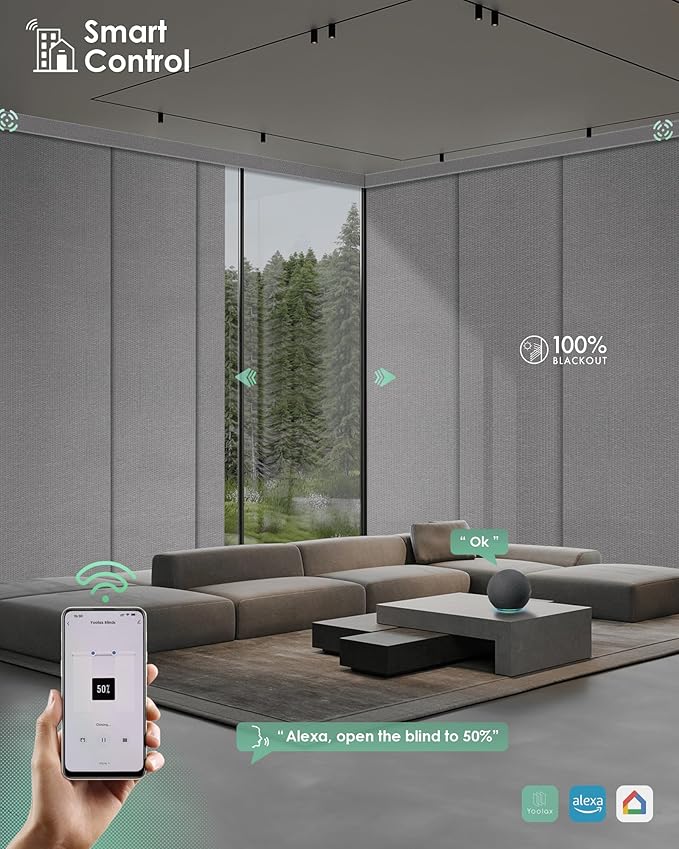 Yoolax Custom XL Smart Vertical Blinds, Motorized Sliding Door Blinds Compatible with Alexa, Blackout Sliding Panel for Room Divider, Indoor Windows, Patio Doors, Grid Light Gray