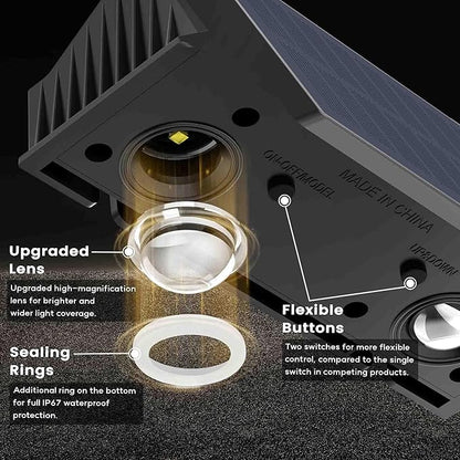 Fence Lights Solar Powered, 2-Pack Solar Fence Lights Up/Down Flexible Buttons, IP67 Waterproof for Outdoor, 100LM Bright, Auto Dusk to Dawn for Wall/Stairs/Yard/Railing/Deck/Pathway (Warm White)