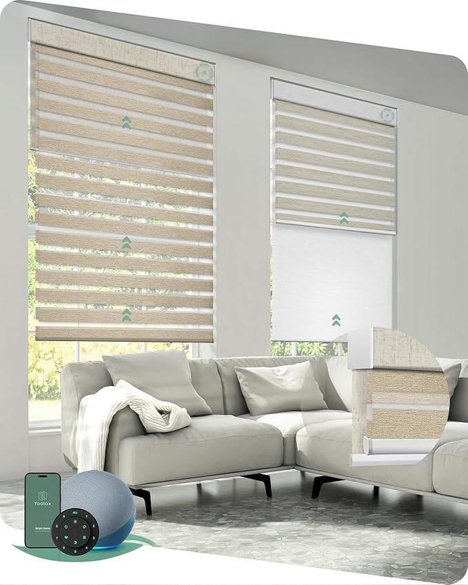Yoolax Smart Dual Roller Shades, Motorized Blinds with Remote Smart Zebra Shades Compatible with Alexa, Blackout & Light Filtering Automatic Blinds for Windows (Zebra Customize)