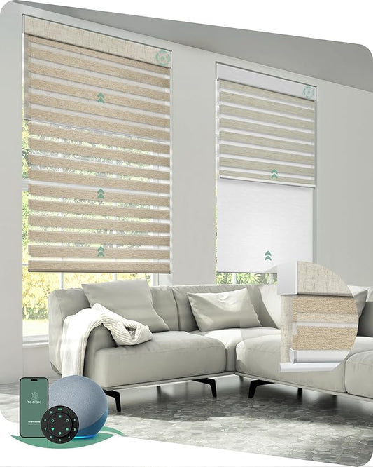 Yoolax Smart Dual Roller Shades, Motorized Blinds with Remote Smart Zebra Shades Compatible with Alexa, Blackout & Light Filtering Automatic Blinds for Windows (Zebra Customize)