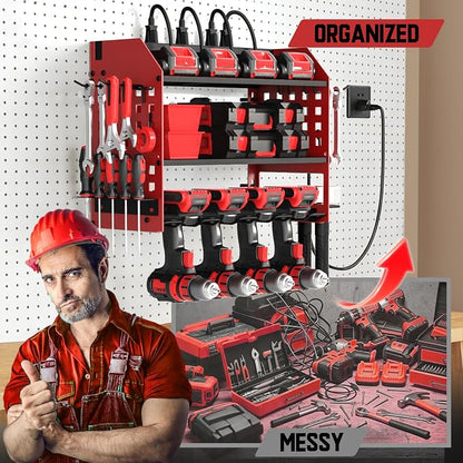 SPACECARE Power Tool Organizer with 6 Outlets, 3-Layer Heavy Duty Wall Mount Drill Storage Rack, Cordless Tool Charging Station with Utility Shelf, Garage Organization and Storage for Workshop- Red