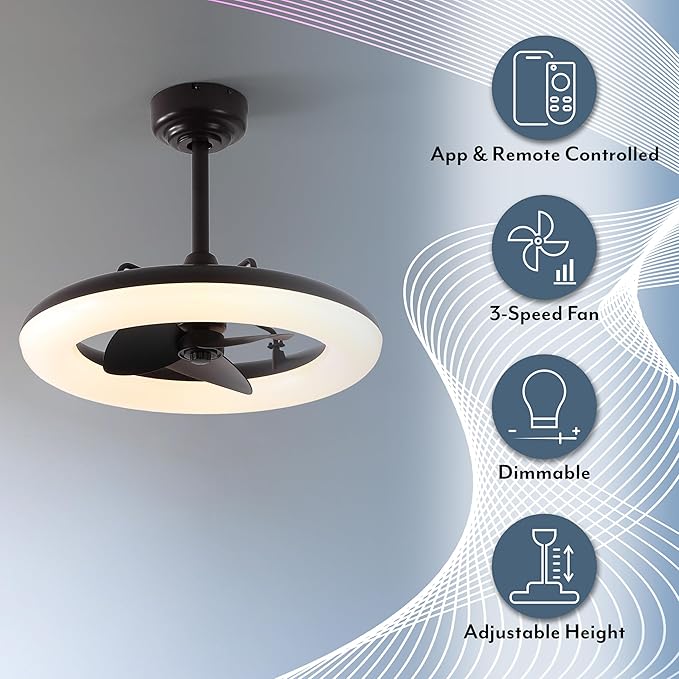 OVAL AIR AIR8001A Piero 21.5" Contemporary Minimalist 6-Speed Metal Mobile-App/Remote-Controlled Dimmable Smart Integrated LED Ceiling Fan Bedroom, Living Room, Dining Room, Deep Espresso Bronze