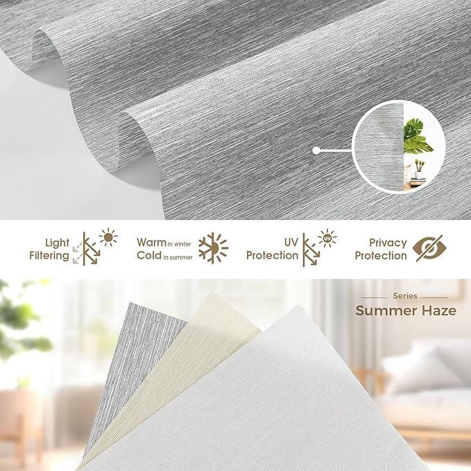 HeyBlinds Motorized Blinds with Remote, Smart Roller Shades with App & Voice Control, Work with Alexa Google HomeKit, Light Filtering Custom Shades for Living Room Office (Summer Haze-Greywind LF)