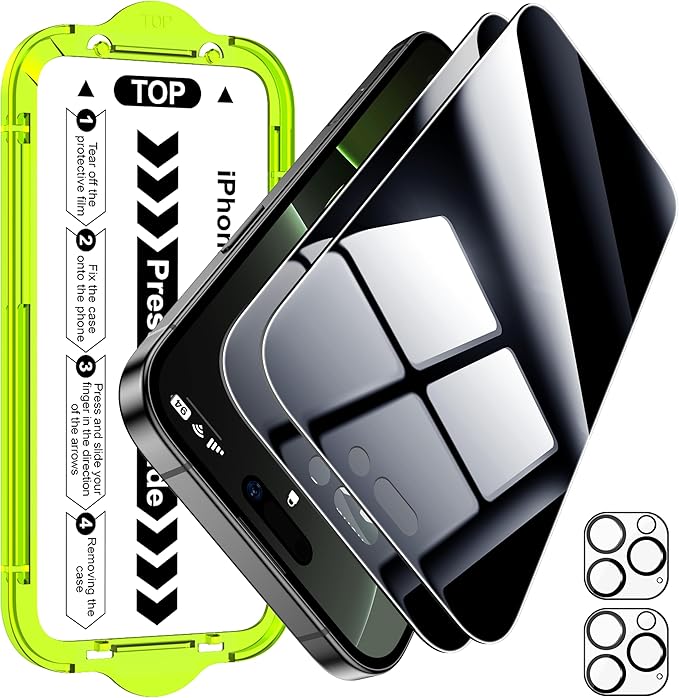 Esanik [2+2 Pack for iPhone 16 Pro Privacy Screen Protector – Anti-Spy Tempered Glass & Camera Lens Cover, Military-Grade 9H Hardness, Anti-Scratch, Flawless Fit Tray