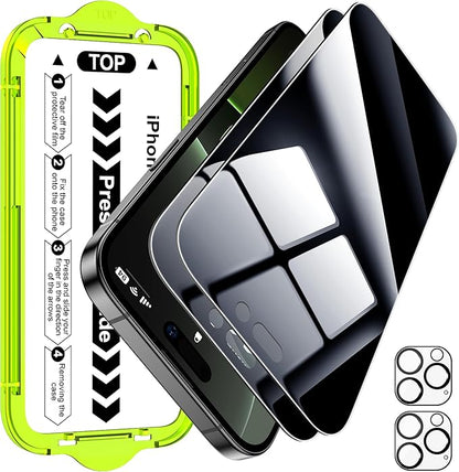 Esanik [2+2 Pack for iPhone 16 Pro Privacy Screen Protector – Anti-Spy Tempered Glass & Camera Lens Cover, Military-Grade 9H Hardness, Anti-Scratch, Flawless Fit Tray