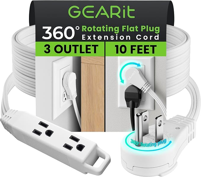 GEARit 10 ft 360° Rotating Flat Plug Extension Cord, 3 Outlet Low Profile Power Cord, 16 AWG 13A 3 Prong Grounded Indoor Cord, ETL Listed, Space-Saving for Furniture, White