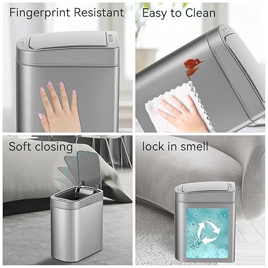 Ninestars Automatic Motion Sensor Bathroom Trash Can, 1.8 Gallon Smart Opening Garbage Bin for Bathroom, Bedroom, Kitchen, Office 7 Liter Compact Stainless Steel