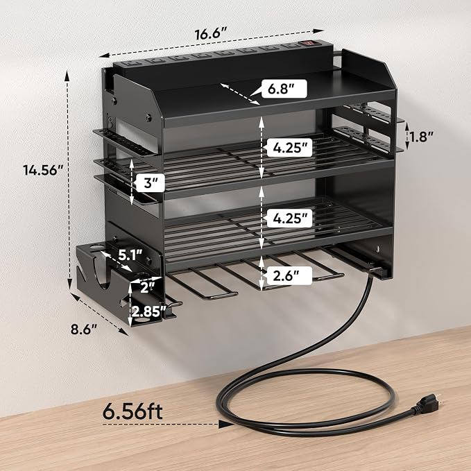 POKIPO Power Tool Organizer Wall Mount with Charging Station,Tool Storage Rack with 8 Outlet Power Strip,Heavy Duty Metal Battery Utility Rack with 4 Cordless Drill Holder 6.56 Ft Cord for Garage