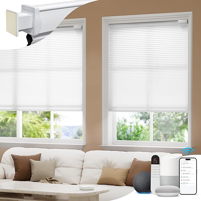 No Drill Motorized Cellular Shades, Cordless Light Filtering Honeycomb Blinds for Windows, Smart Automatic Blinds Compatible with Alexa/Google Home/Smarthings, White