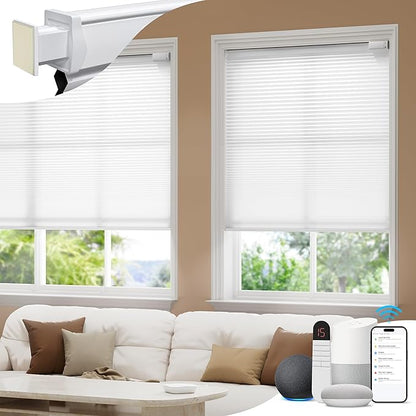 No Drill Motorized Cellular Shades, Cordless Light Filtering Honeycomb Blinds for Windows, Smart Automatic Blinds Compatible with Alexa/Google Home/Smarthings, White