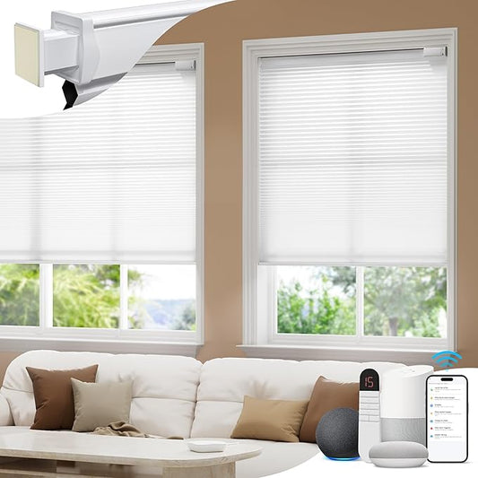 No Drill Motorized Cellular Shades, Cordless Light Filtering Honeycomb Blinds for Windows, Smart Automatic Blinds Compatible with Alexa/Google Home/Smarthings, White