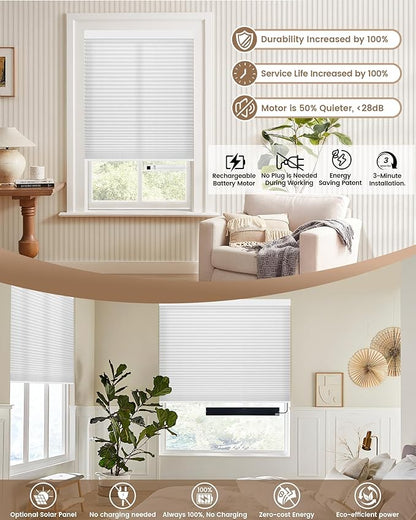 Kincmo Motorized Cellular Shades, Custom Motorized Blinds with Remote, Cordless Smart Electric Honeycomb Blinds Work with Apple HomeKit, Alexa, Google (75%-Blackout-Single-Cell White)
