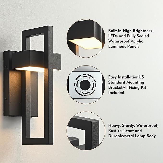 Outdoor Wall Lights Modern LED Exterior Lighting Fixtures, 3000K 20W Outdoor Wall Sconce for Porch, Matte Black Outside Wall Mount Lights for Front Door House Garage Indoor 2 Packs
