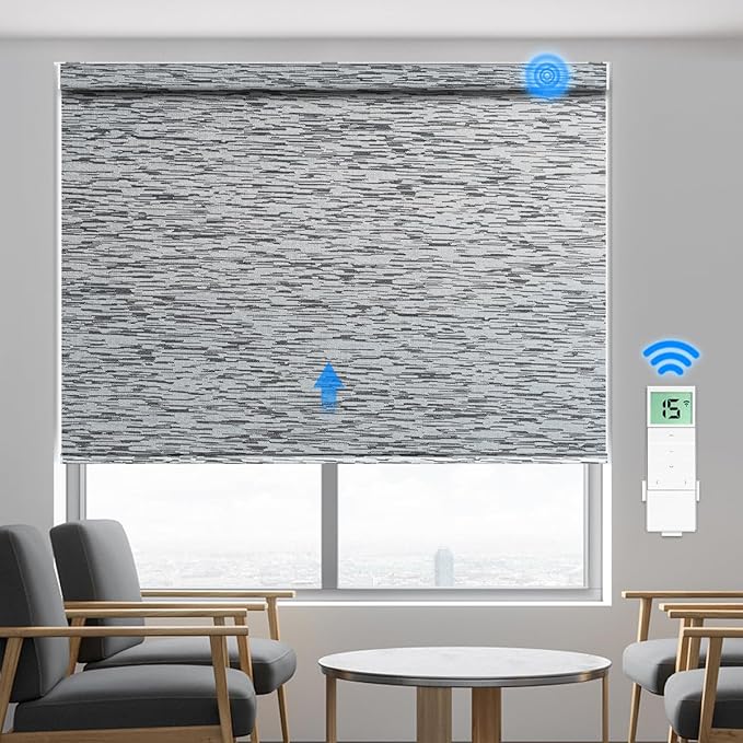 Tokblind Motorized Blackout Roller Shade Fabric Covered Valance and Bottom Rod, Remote Control Electric Window Blind Work with Alexa Google via Hub, Custom Size (Texture Black Grey - Wrapped Fabric)