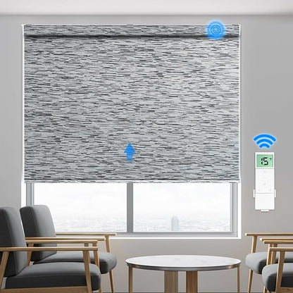 Tokblind Motorized Blackout Roller Shade Fabric Covered Valance and Bottom Rod, Remote Control Electric Window Blind Work with Alexa Google via Hub, Custom Size (Texture Black Grey - Wrapped Fabric)