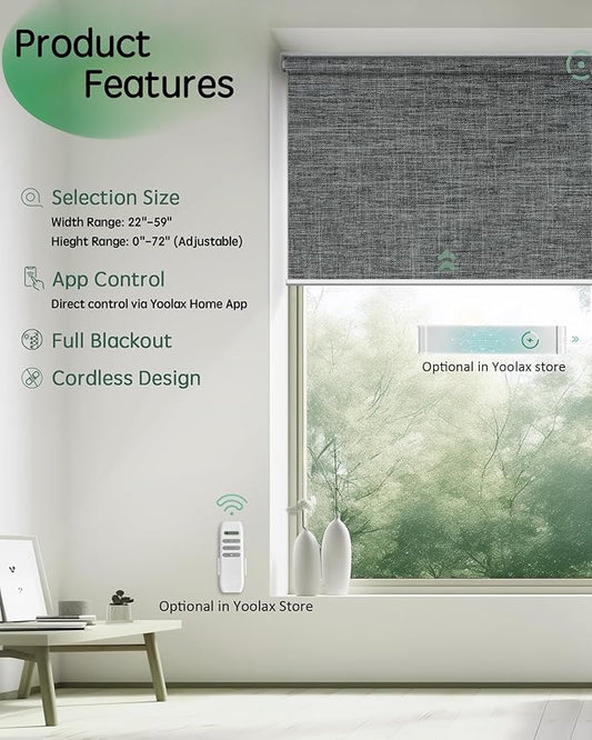 Yoolax Motorized Shades App Control, Blackout Automatic Blinds for Indoor Windows, Electric Roller Shades for Bedroom Living Room Office (Blackout Ashfall Gray, 45" W x 87" H)