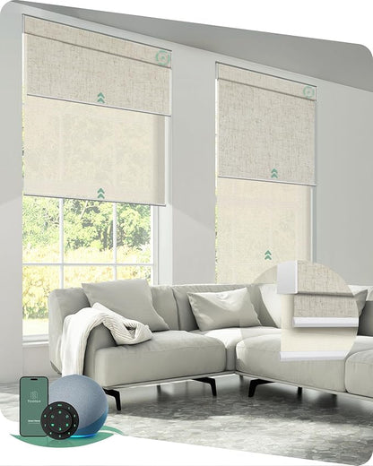 Yoolax Smart Dual Roller Shades, Motorized Blinds with Remote Smart Blinds Compatible with Alexa, Automatic Dual Shades for Bedroom Living Room (Linen Beige & 3% Openness Beige)