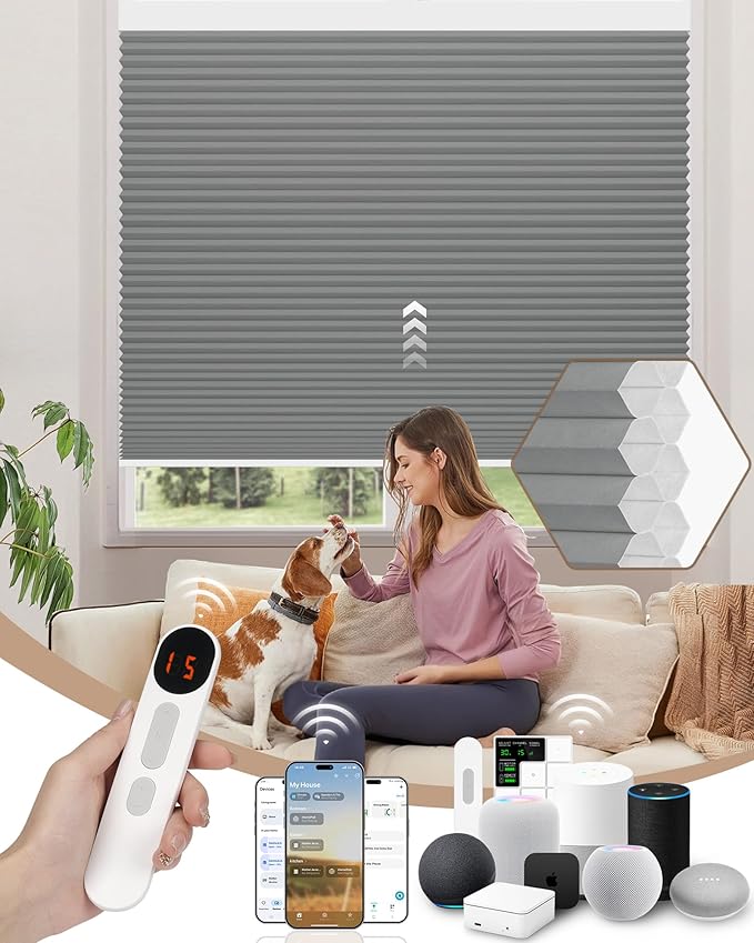 Kincmo Motorized Cellular Shades, Custom Motorized Blinds with Remote, Cordless Smart Electric Honeycomb Blinds Work with Apple HomeKit, Alexa, Google (100%-Blackout-Double-Cell Dark Grey)