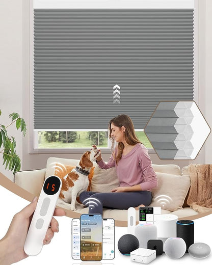 Kincmo Motorized Cellular Shades, Custom Motorized Blinds with Remote, Cordless Smart Electric Honeycomb Blinds Work with Apple HomeKit, Alexa, Google (100%-Blackout-Double-Cell Dark Grey)