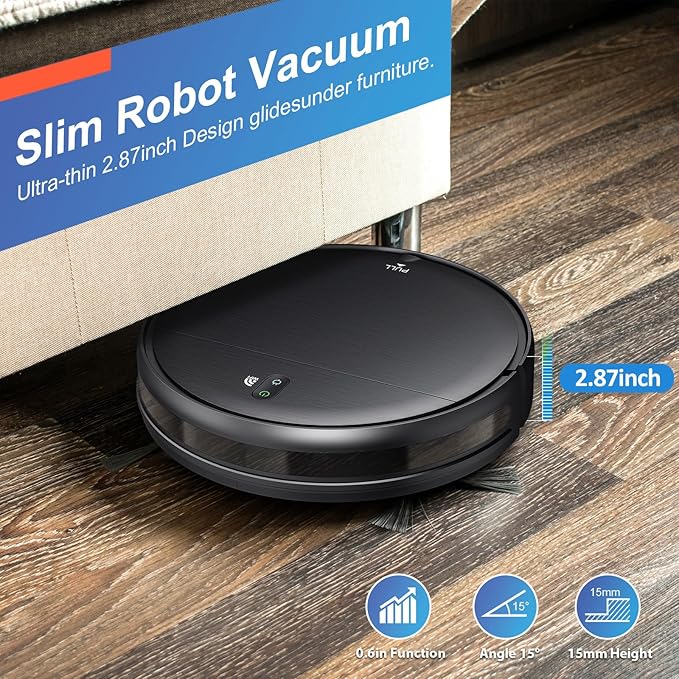 Robot Vacuum and Mop Combo, 2 in 1 Robotic Vacuum Cleaner with Schedule, App/Alexa/Voice Control, Slim 2.87", Self-Charging, Strong Suction & Long Runtime, Ideal for Hard Floor, Pet Hair, Carpet