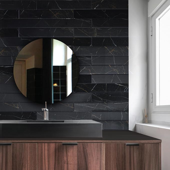 Smart Tiles Peel and Stick backsplash, Subway Marquina Black, 22.56"x11.57" | Pack of 5 (6.8 sq ft), Matte & Glossy, Heat/Moisture Resistant, Low VOC, Kitchen/Bathroom, Renter Friendly, Made in Canada