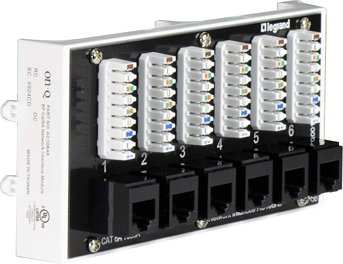 Legrand - OnQ Home Theater Patch Panel, 6 Port Interface Module, Cat 6A Network Patch Panel for Wired Ethernet Connection, Black, AC106A6