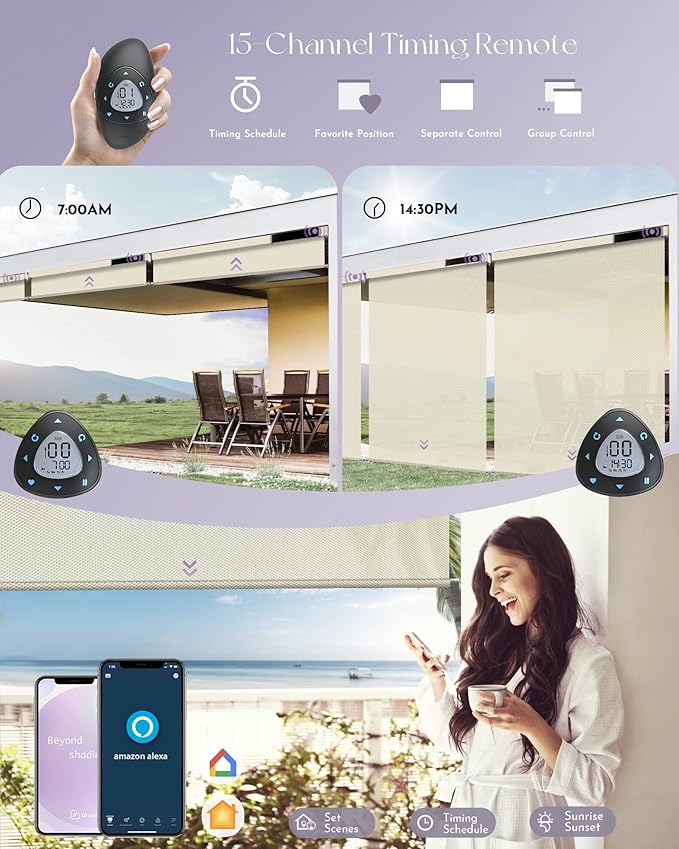 Graywind Motorized Outdoor Shades for Patio Compatible With Alexa Google Smart Sun Blinds Exterior Solar Powered Electric Roller for Outside, Custom Size (3% Openness Gloam Beige)