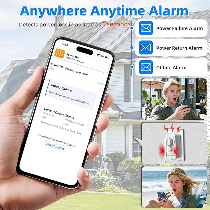 WiFi Power Failure Alarm - Multi-User Email Alert (Up to 4 Addresses), 120dB Loud Siren with 6 Tones, Free Real-Time Notifications for Freezer/Sump Pump/GFCI Monitor - No App, No Subscription Required