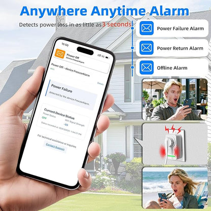 WiFi Power Failure Alarm - Multi-User Email Alert (Up to 4 Addresses), 120dB Loud Siren with 6 Tones, Free Real-Time Notifications for Freezer/Sump Pump/GFCI Monitor - No App, No Subscription Required