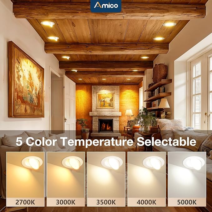 Amico 12 Pack 6 Inch 5CCT Gimbal LED Recessed Ceiling Light, 360°&90° Adjustable Eyeball Directional Can Lights, Dimmable Retrofit Wafer Downlight with Jbox, 12W 1200LM CRI90+, White, ETL&FCC