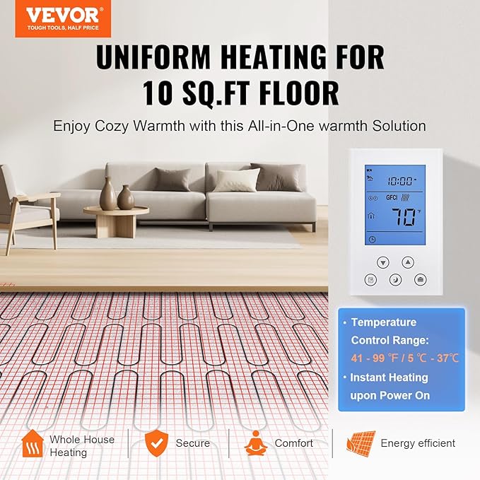 VEVOR Floor Heating Mat,10 Sq.ft. 14℉-113℉ Electric Radiant Floor Heated Warm System with Digital Floor Sensing Thermostat, 110-120V Includes Installation Monitor, Adhesive Back for Easy Installation