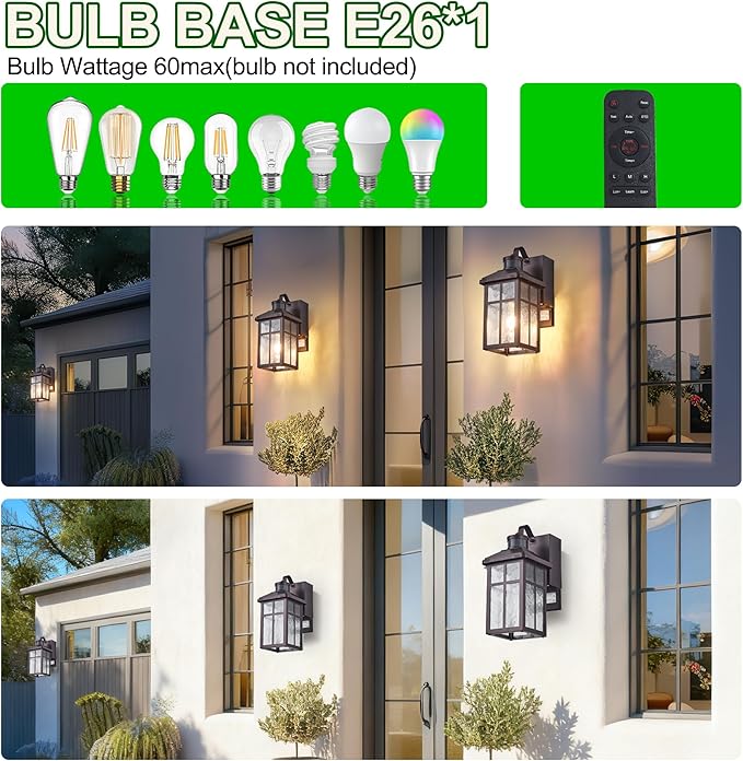 2 Pack Porch Light with Outlet and Remote Control - Plug in Outdoor Wall Lights with GFCI Exterior Lighting Fixtures Adjustable 3 Sensitivity Levels and 1-10min Delay for Porch,Patio,Entryway(Bronze)