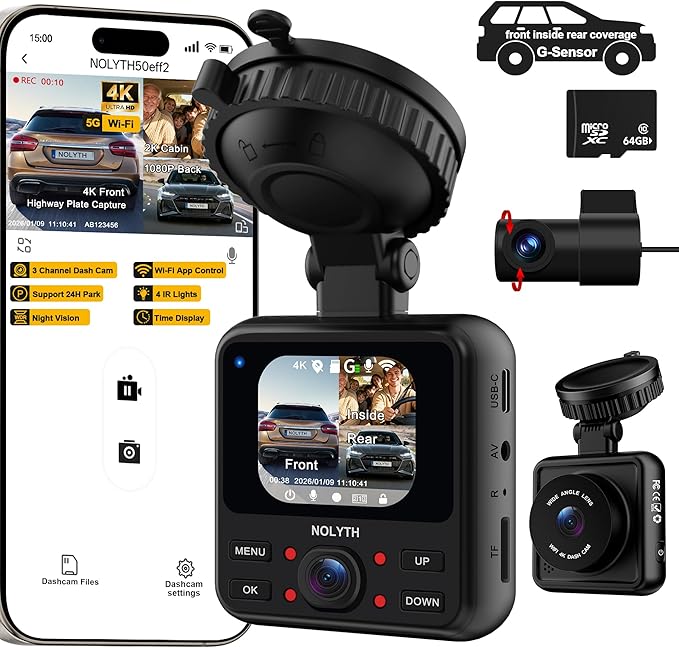 NOLYTH 4K Dash Cam 3-Channel: Front 4K Captures License Plates on Highway+Inside 2K+Rear 1080P 64GB Card 5G Wi-Fi & App 4IR Night Vision G-Sensor 24H Parking for Uber/Lyft/Families/New Drivers
