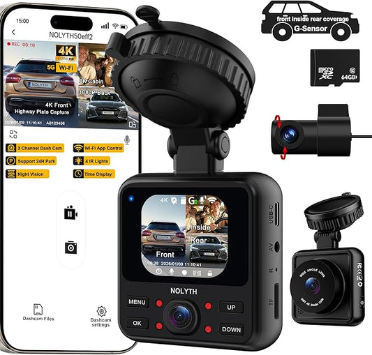 NOLYTH 4K Dash Cam 3-Channel: Front 4K Captures License Plates on Highway+Inside 2K+Rear 1080P 64GB Card 5G Wi-Fi & App 4IR Night Vision G-Sensor 24H Parking for Uber/Lyft/Families/New Drivers
