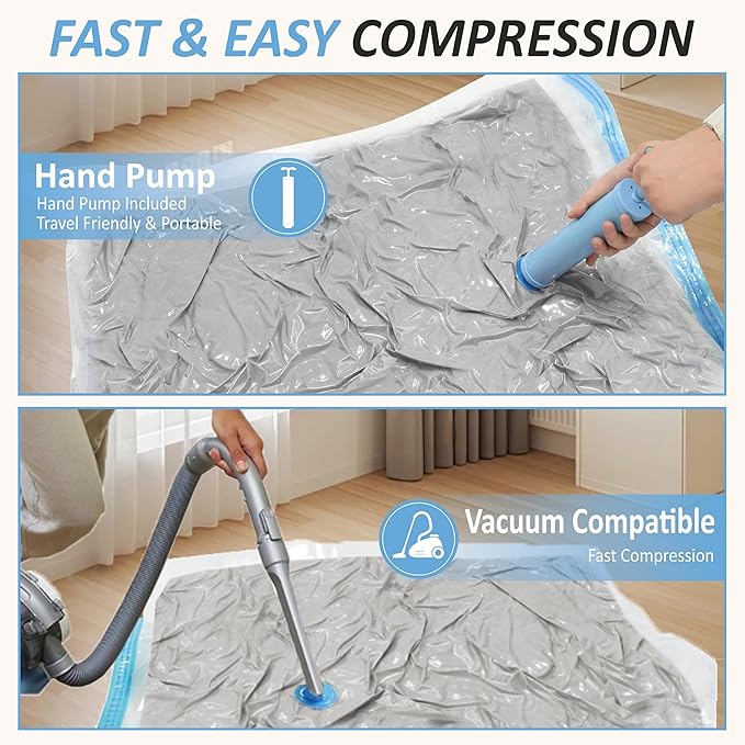 Vacuum Storage Bags with Hand Pump, Vacuum Seal Space Saver Bags,12 Large | 80% Space-Saving Bags for Clothes, Blankets, Pillows & Bedding;Double-Zip Airtight Seal;For Closets, Home & Travel Storage