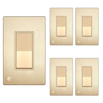 ENERLITES Elite Series Decorator Light Switch with Brushed Screwless Wall Plate, Single Pole, 3 Wire, Grounding Screw, Residential Grade, 15A 120V, UL Listed, 91150-GDWBP5P, Brushed Gold (5 Pack)