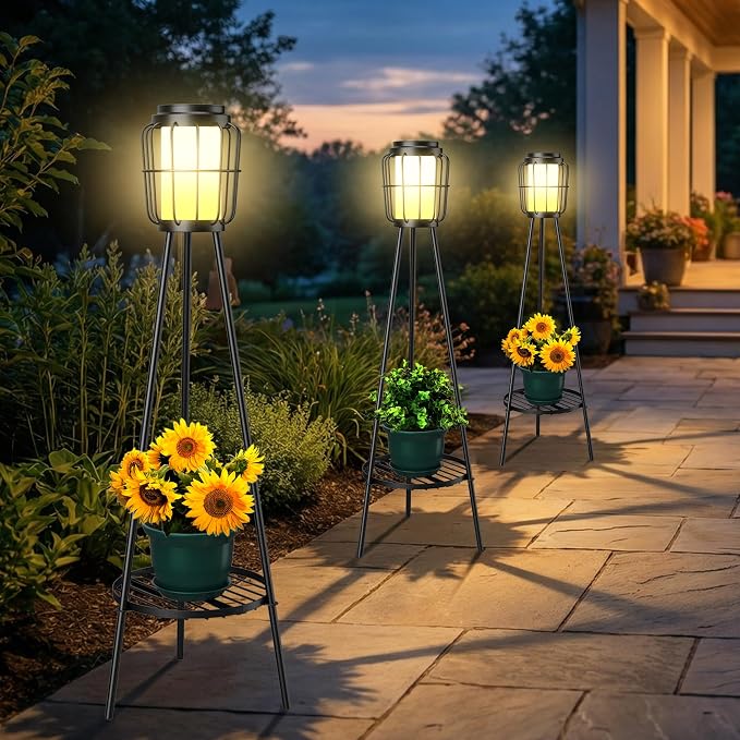 MXwcy 2 Pack Solar Lights Outdoor with Plant Stand, Waterproof Solar Floor Lamp & Tall Metal Planter Holder for Outside, Decorative Tripod Pathway Lantern for Patio, Garden, Porch, Yard Decor
