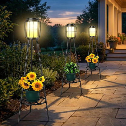MXwcy 2 Pack Solar Lights Outdoor with Plant Stand, Waterproof Solar Floor Lamp & Tall Metal Planter Holder for Outside, Decorative Tripod Pathway Lantern for Patio, Garden, Porch, Yard Decor