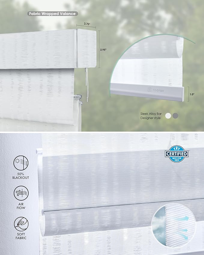 Yoolax Motorized Roman Shades with Remote, Smart Roman Shades for Indoor Windows, Light Filtering Automatic Blinds Work with Alexa, Google, Apple Homekit for Living Room, Customized (Strip White)