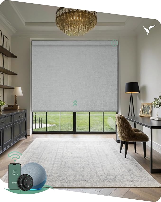 Yoolax Motorized Blinds with Remote, Designer Smart Blinds Work with Alexa, Google, Apple Homekit, 100% Blackout Motorized Shades Custom Electric Shades Voice Control (V-Foggy White)
