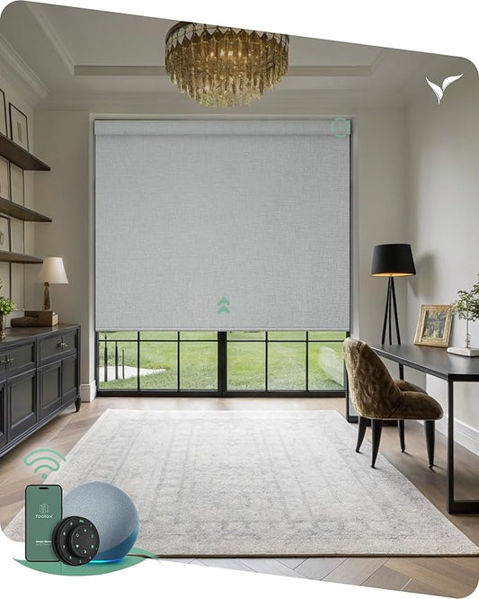 Yoolax Motorized Blinds with Remote, Designer Smart Blinds Work with Alexa, Google, Apple Homekit, 100% Blackout Motorized Shades Custom Electric Shades Voice Control (V-Foggy White)