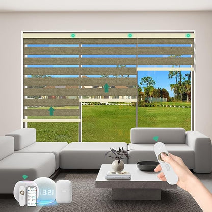 Motorized Zebra Blinds with Remote [Dual Layer + Light Filtering] 90% Blackout Smart Shades for Indoor Windows, Alexa Google and HomeKit Compatible, Customized Size, Shadow Haze