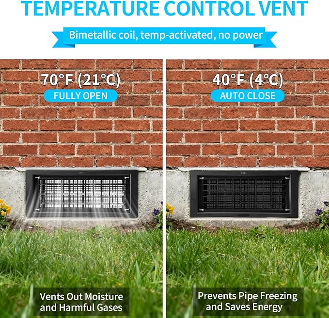 Crawl Space Foundation Vent Cover Automatic 8x16 Inch, Black 8 Pack | Auto Open/Close at 40°F-70°F, Freeze Protection & Energy Saving, DIY Replacement for House, Mobile Home & Skirting, Plastic