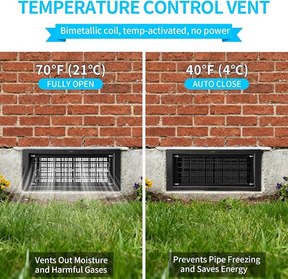 Crawl Space Foundation Vent Cover Automatic 8x16 Inch, Black 8 Pack | Auto Open/Close at 40°F-70°F, Freeze Protection & Energy Saving, DIY Replacement for House, Mobile Home & Skirting, Plastic