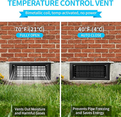 Crawl Space Foundation Vent Cover Automatic 8x16 Inch, Black 6 Pack | Auto Open/Close at 40°F-70°F, Freeze Protection & Energy Saving, DIY Replacement for House, Mobile Home & Skirting, Plastic