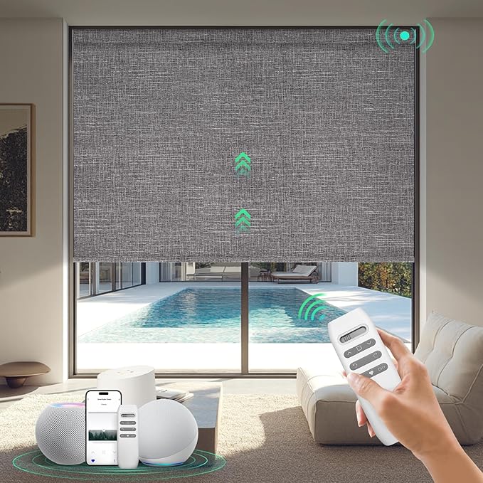 HeyBlinds Motorized Blinds with Remote, 100% Blackout Smart Blinds, Automatic Shades for Windows Compatible with Alexa Google and Homekit, Custom Size(Grace-Stormy Gray BO)