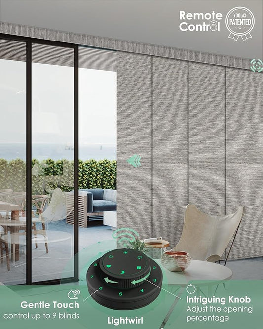 Yoolax Custom XL Smart Sliding Door Blinds, Motorized Sliding Panel Blinds Compatible with Alexa, Fabric Blackout Vertical Rechargeable Battery Shades for Glass Doors(Wood Stripe Brown)
