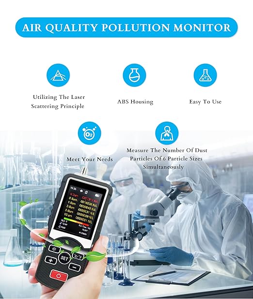 Air Quality Pollution Monitor, 0.3Μm to 10Μm Pm2.5 Dust Particle Counter Data Logger, Air Quality Tester for Indoor and Outdoor, Handheld Professional Pollution Meter, Dust Partic
