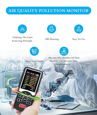 Air Quality Pollution Monitor, 0.3Μm to 10Μm Pm2.5 Dust Particle Counter Data Logger, Air Quality Tester for Indoor and Outdoor, Handheld Professional Pollution Meter, Dust Partic